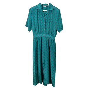Vintage Joseph A Banks Green Printed Midi Dress Size 10